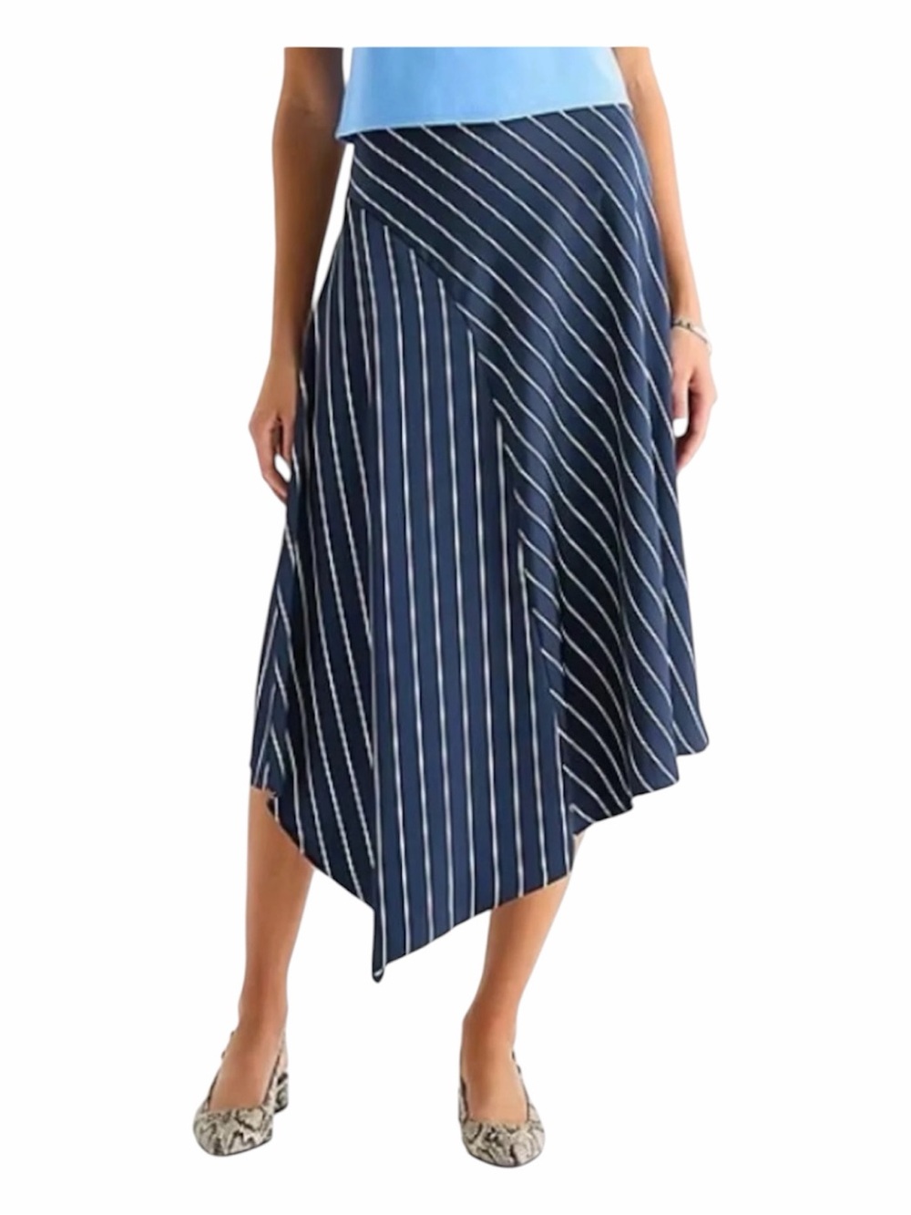 Worthington Petite 16P Navy White Striped Asymmetrical Midi Skirt NWT
